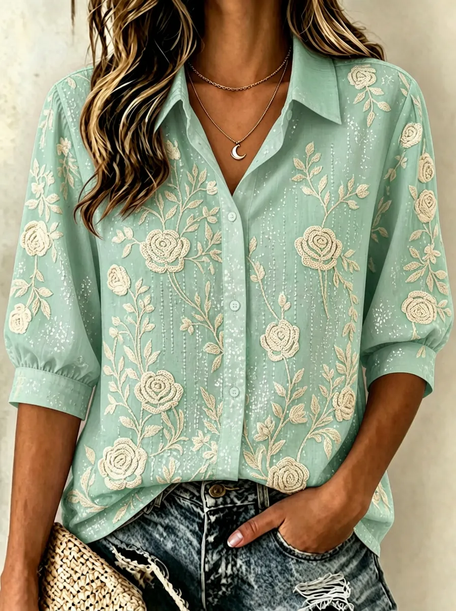 Women's Breast Cancer Awareness Rose Floral Embroidered Printed Shirt