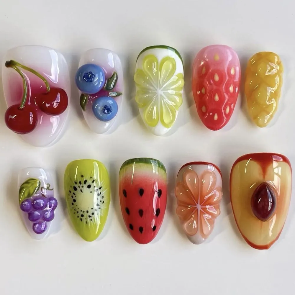 Nailhour 30Pcs Fruit 3D Medium Almond French Press On Nails