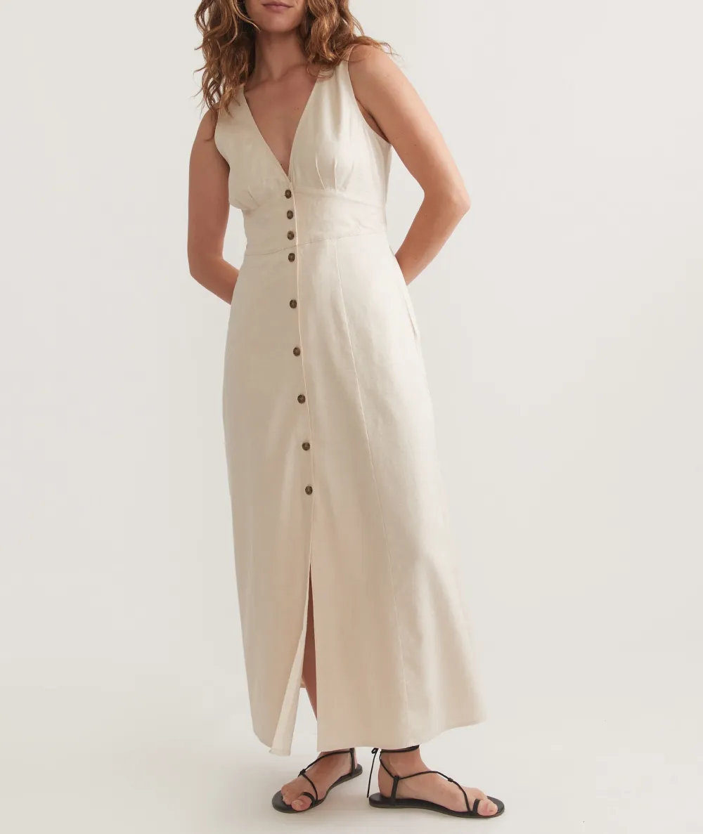 Creamy Buttoned Split-Hem Maxi Dress