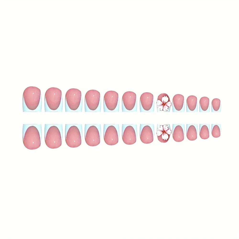 Nailhour 24Pcs French 3D Floral Short Square Press On Nails