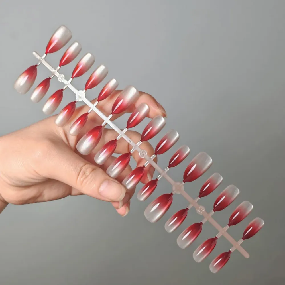Nailhour 30Pcs Red Medium Almond Gradient French Press On Nails