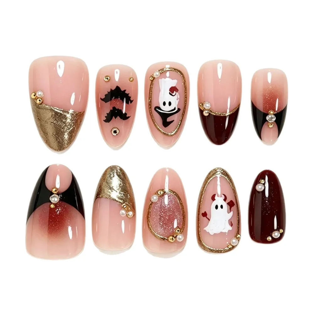 Nailhour 30Pcs Halloween Medium Almond French Gilded Press On Nails