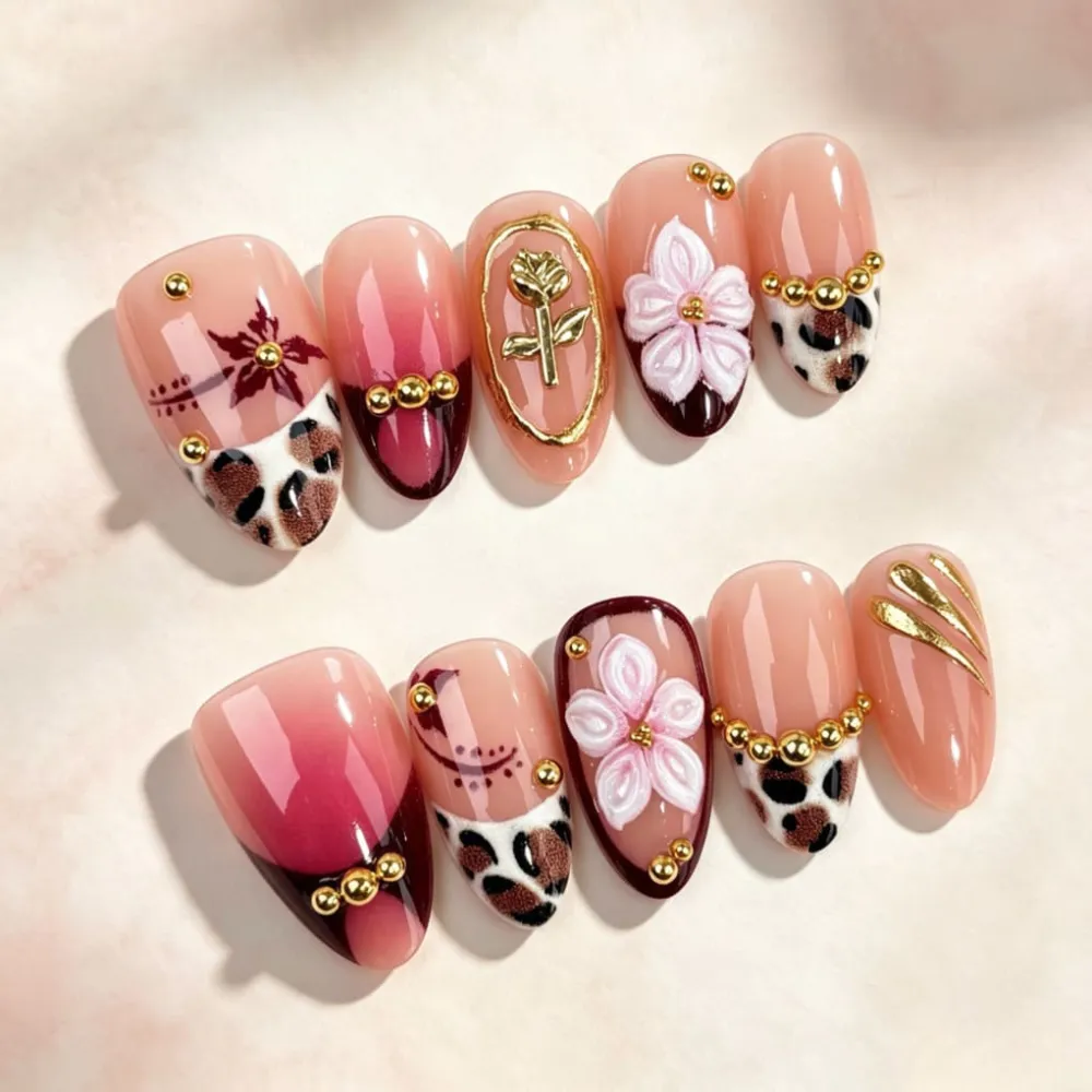 Nailhour 30Pcs Floral 3D Medium Almond French Gilded Press On Nails