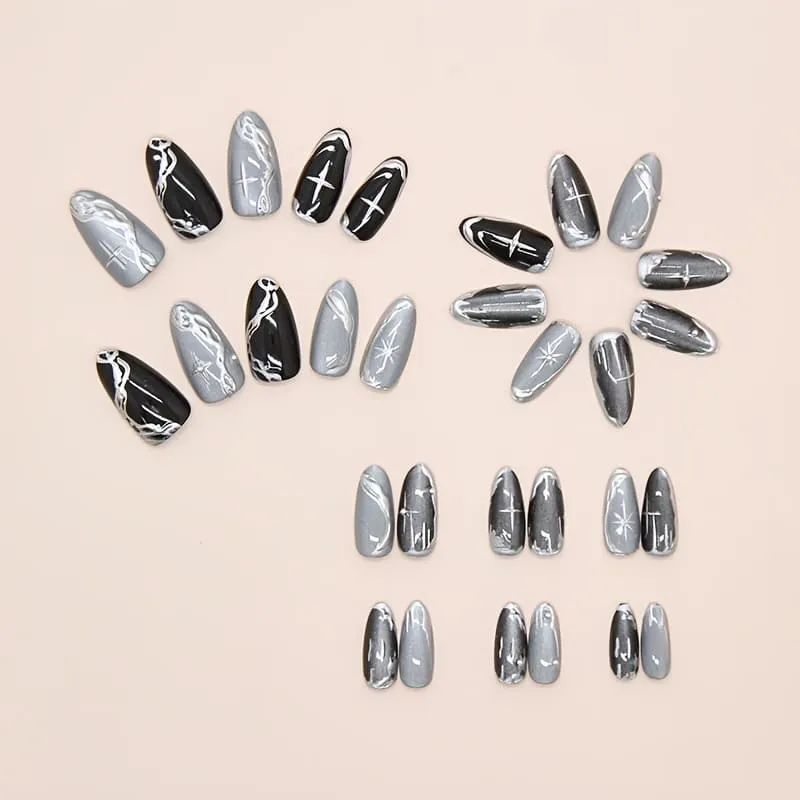 Nailhour 30Pcs 3D Rhinestone Cat Eye Gothic Party Medium Almond Black Press On Nails