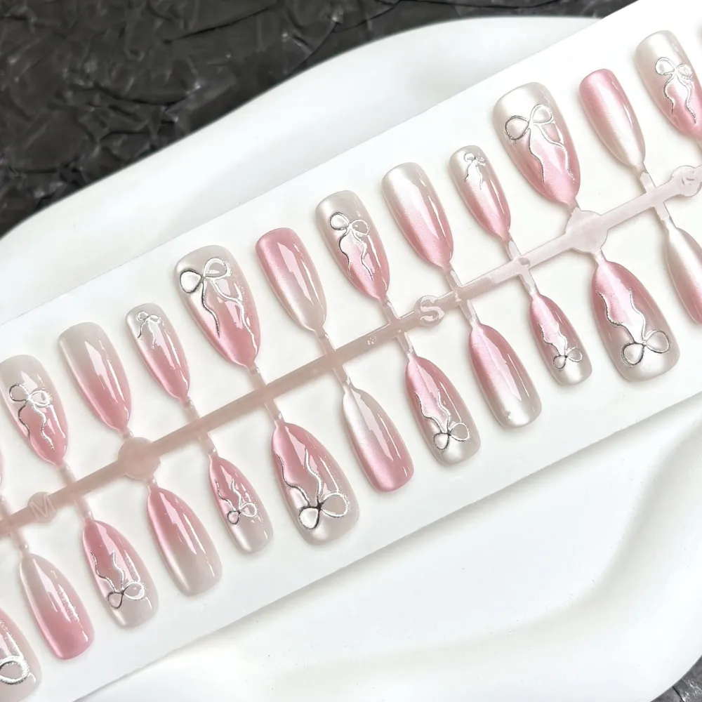 Nailhour 30Pcs Pink Bow 3D Medium Almond French Press On Nails
