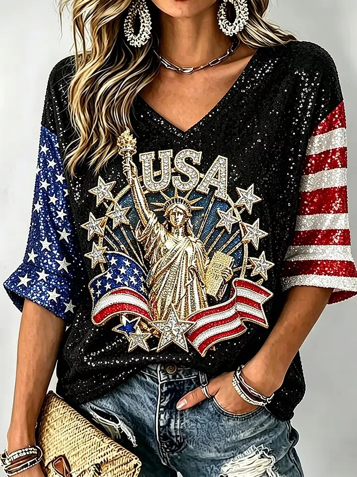 Ladies' Casual American Independence Day Sequin Cross Floral Embroidery Personalized Print V-Neck Mid Sleeve Top
