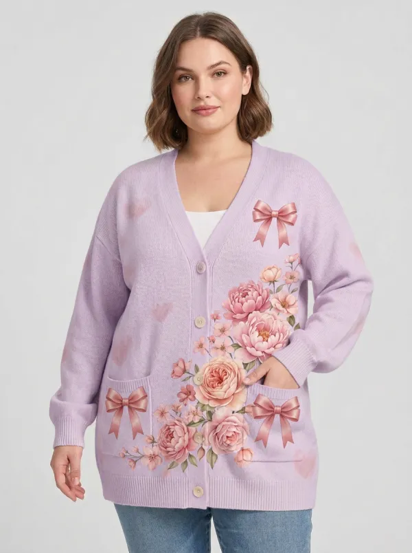 Women's Breast Cancer Awareness Pink Ribbon Floral Printed Cardigan