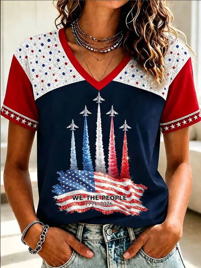 Women'S America Flag Print Casual V-Neck T-Shirt