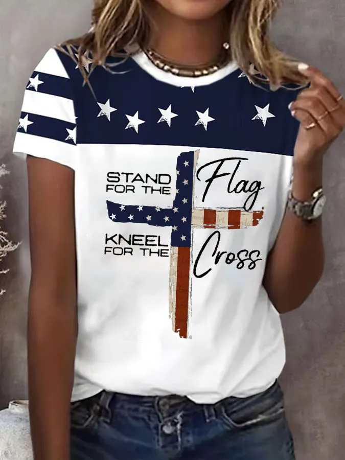 Women'S Stand For Flag Kneel For Cross Printed Round Neck T-Shirt