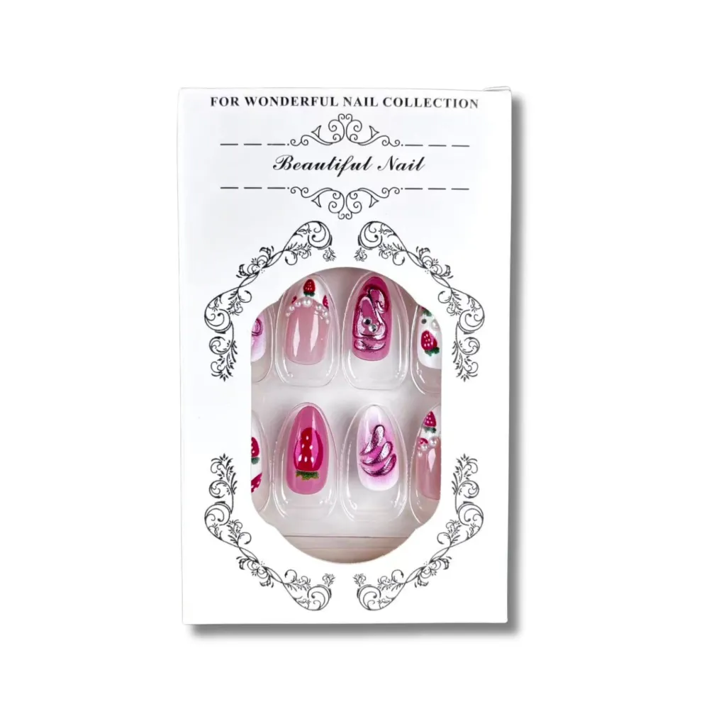 Nailhour 30Pcs Strawberry 3D Bow Medium Almond French Press On Nails