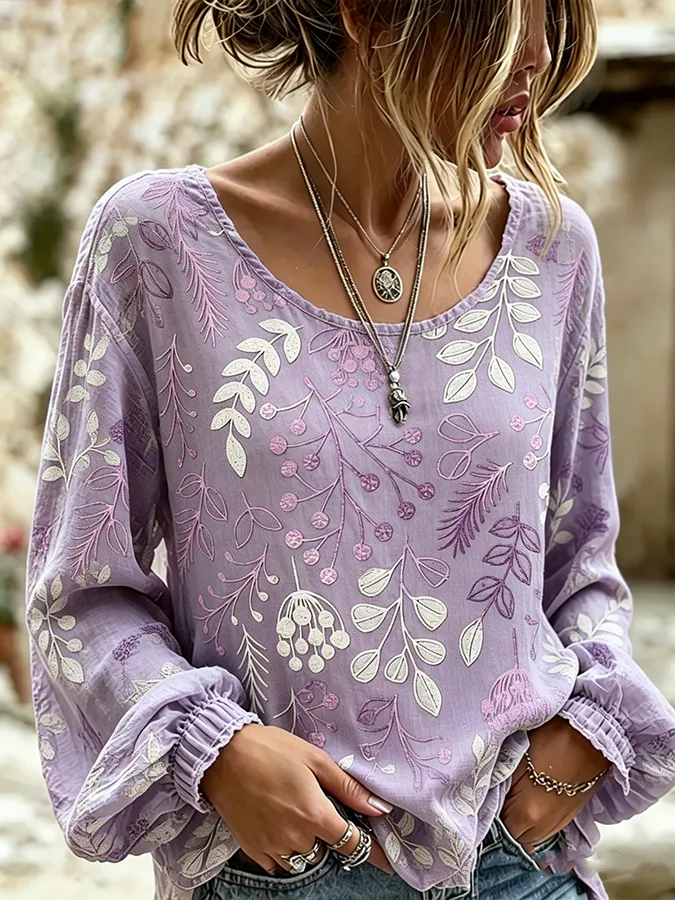 Women's printed purple artistic round neck shirt
