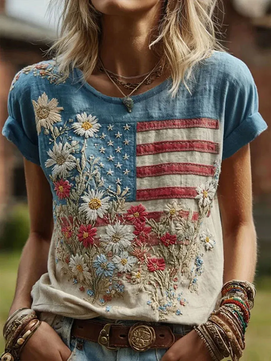 Women's American Flag Floral Casual T-Shirt