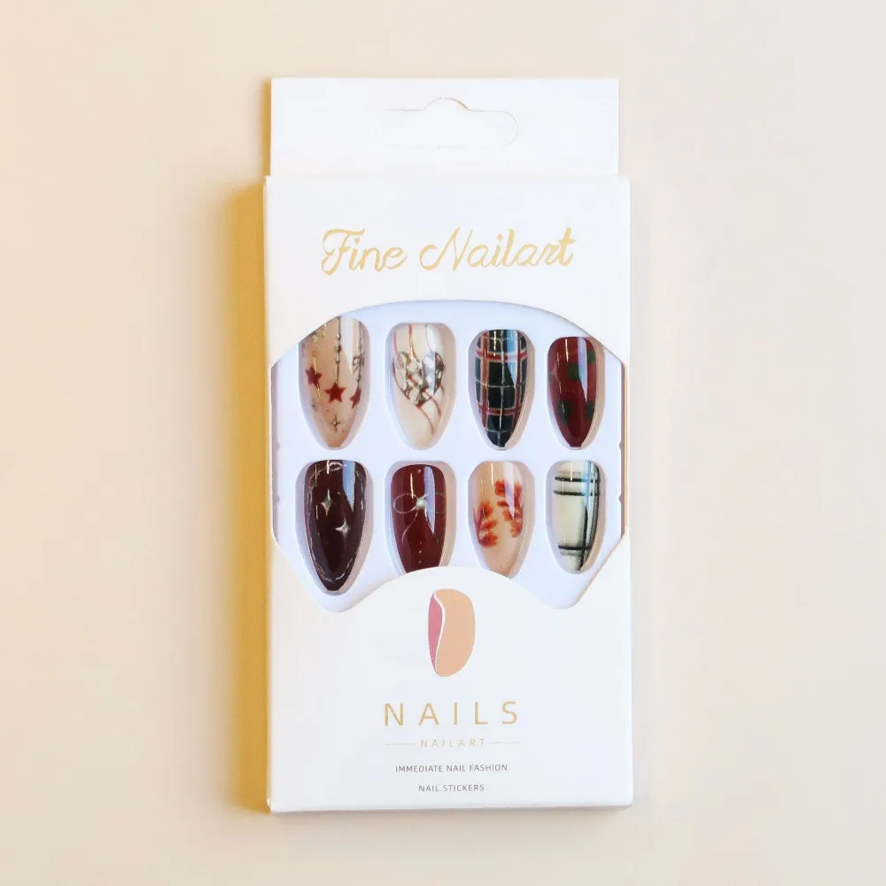 Nailhour 24Pcs Plaid Star Medium Almond French Press On Nails