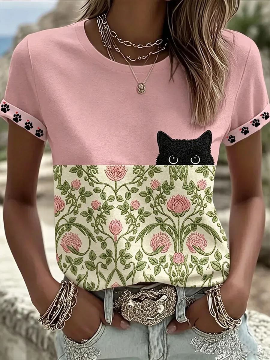 Women's Black Cat & Floral Art Casual Short Sleeve T-shirt
