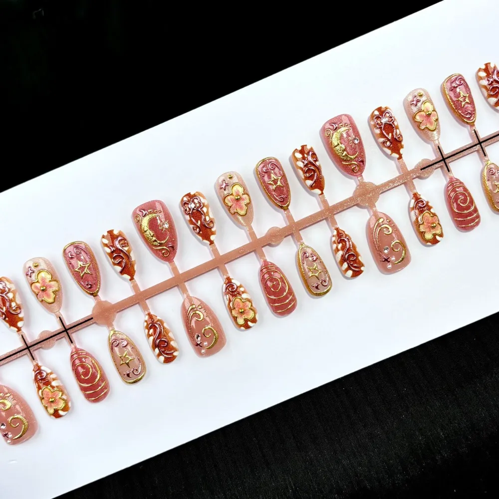 Nailhour 30Pcs Autumn 3D Medium Gilded Almond French Press On Nails