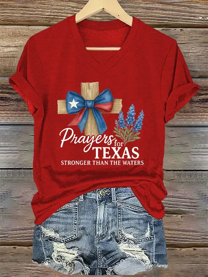 V-Neck Retro Prayers For Texas Print T-Shirt