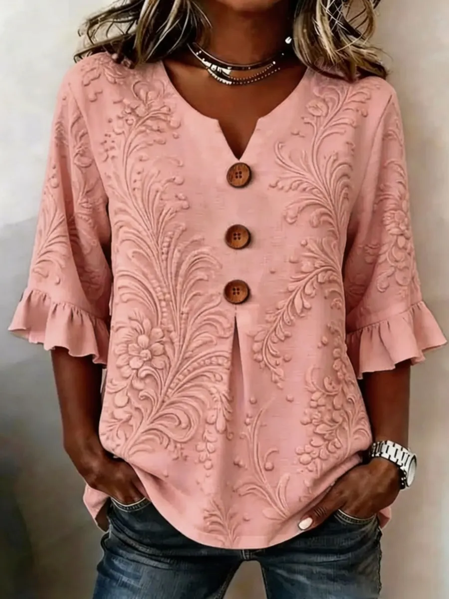 Elegant Floral Print Women's Linen Shirt