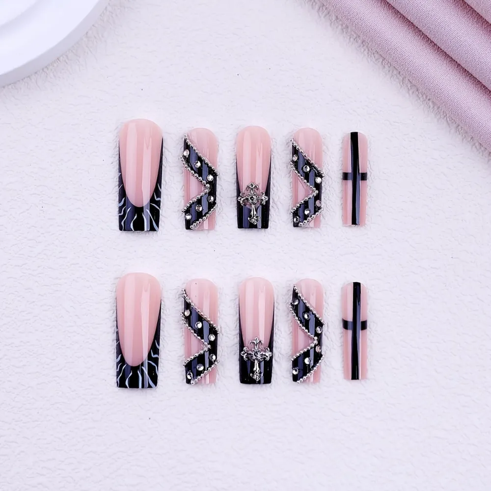 Nailhour 24Pcs Black French Y2K Rhinestone Medium Square Press On Nails