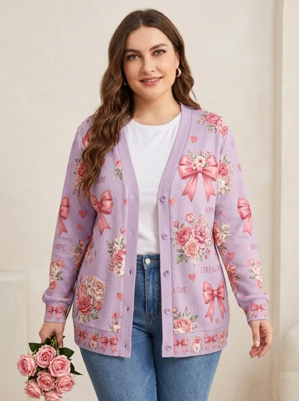 Women's Breast Cancer Awareness Floral Bow Printed Cardigan