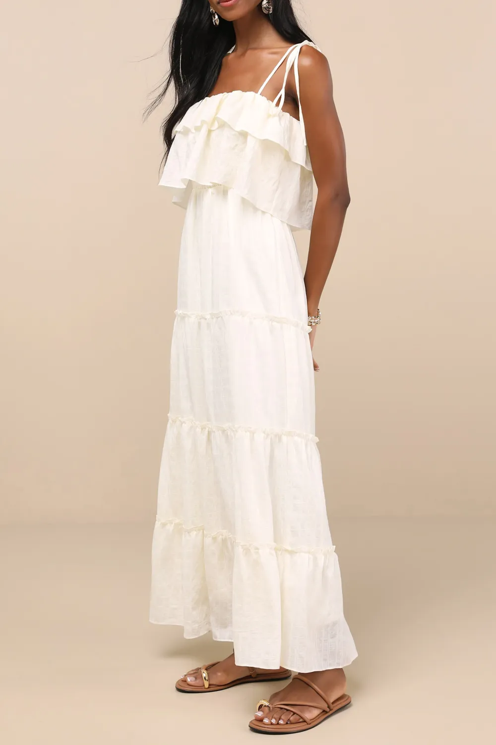 Casual Style Aqua Blue Textured Tie-Strap Tiered Maxi Dress