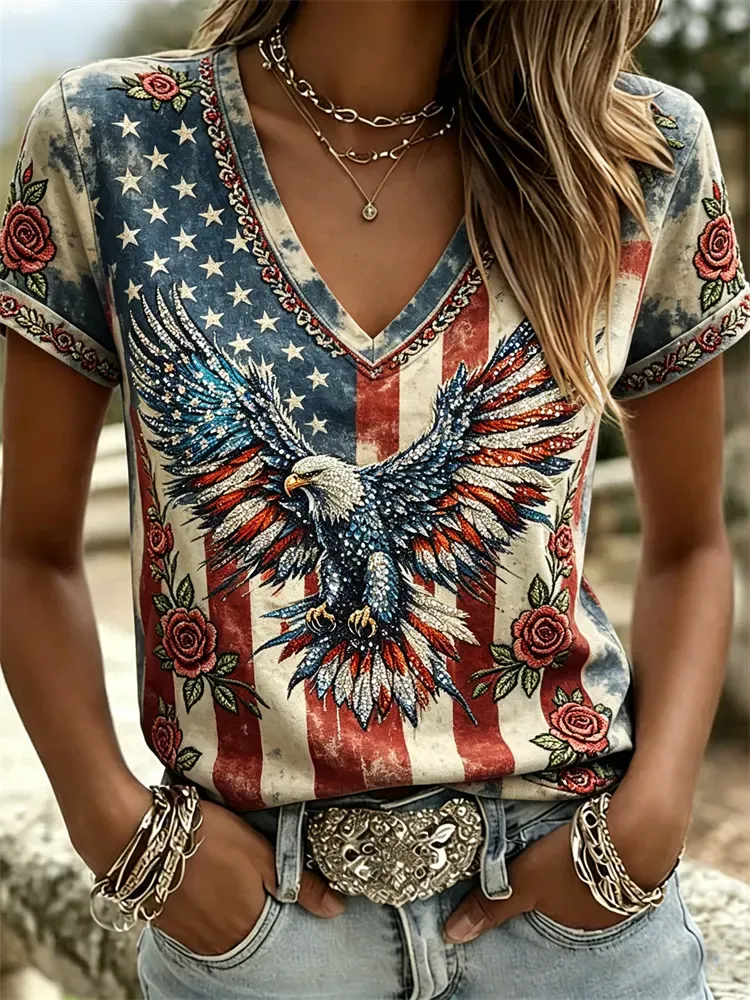 Women's Flower Independence Day Printed Casual T-shirt
