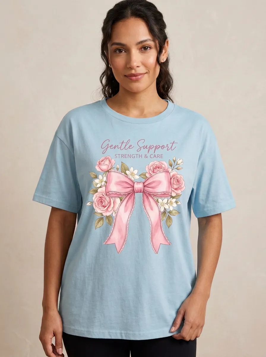 Women's Breast Cancer Awareness Pink Bow Floral Printed T-shirt