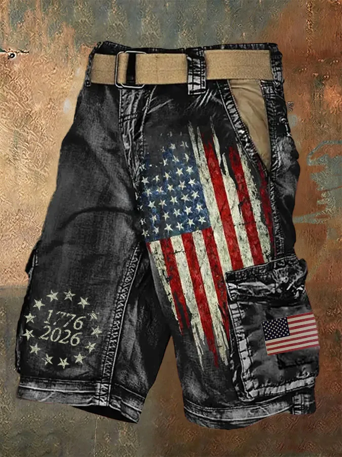 Men'S Retro Flag American Independence Day Multi Pocket Printed Workwear Shorts (Excluding Belt)