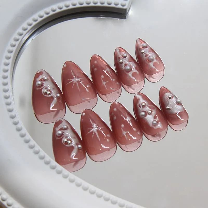 Nailhour 30Pcs 3D Dark Punk Red Rhinestone Party Short Almond Press On Nails