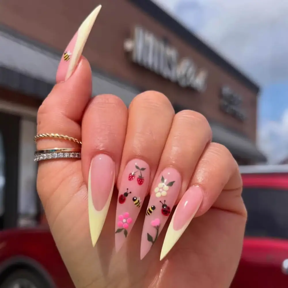 Nailhour 24Pcs French Long Stiletto Wild Strawberries Press On Nails