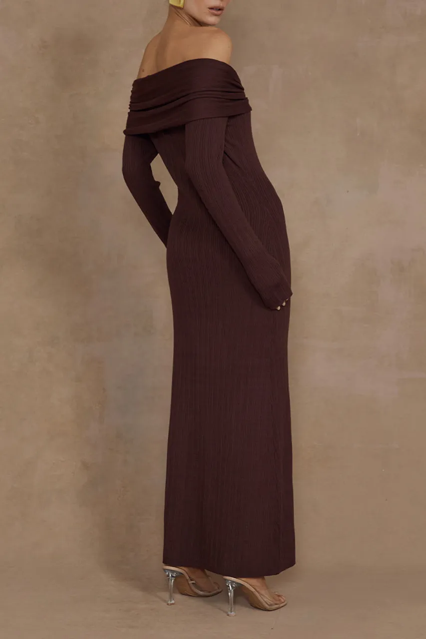 Off Shoulder Long Sleeved Knitted Midi Dresses