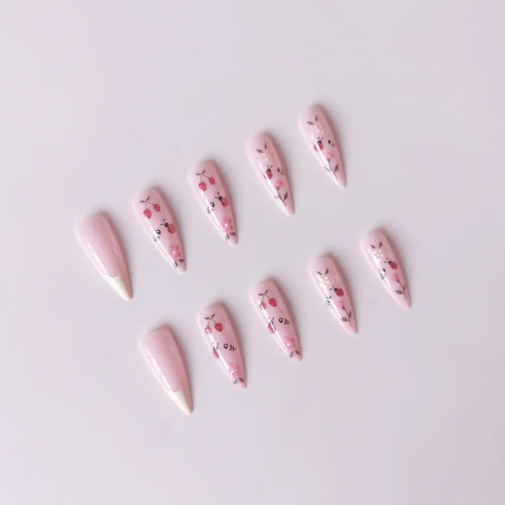 Nailhour 24Pcs French Long Stiletto Wild Strawberries Press On Nails