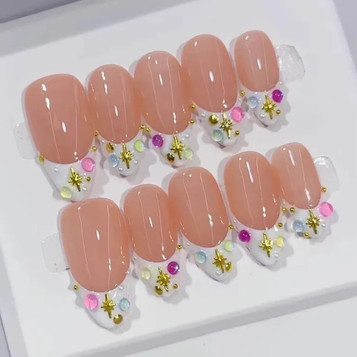 Nailhour 10Pcs 3D French Medium Almond Floral Press On Nails
