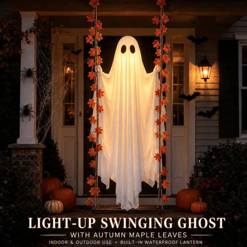 Halloween Porch/Garden Large Maple Leaf Swing Ghost Glowing Ornament