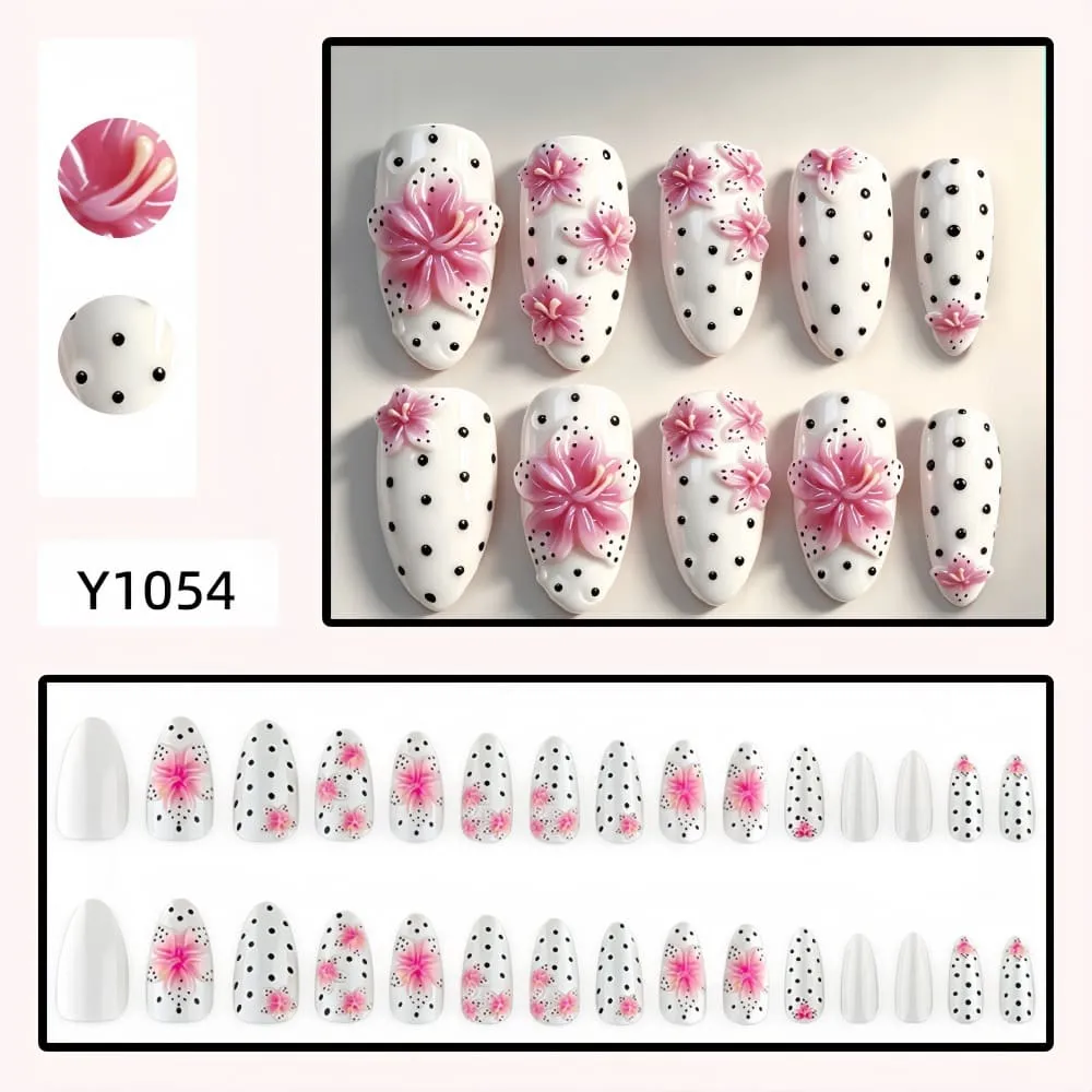 Nailhour 30Pcs Floral Polka Dot Medium Almond French Press On Nails