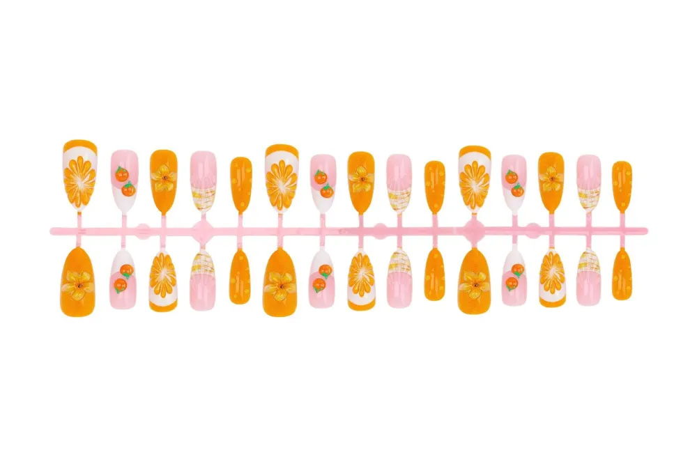 Nailhour 30Pcs Orange 3D Gradient Medium Almond French Press On Nails