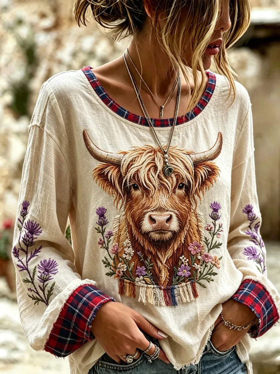 Scottish Highland Cow Print Women's Cotton-Linen Blouse