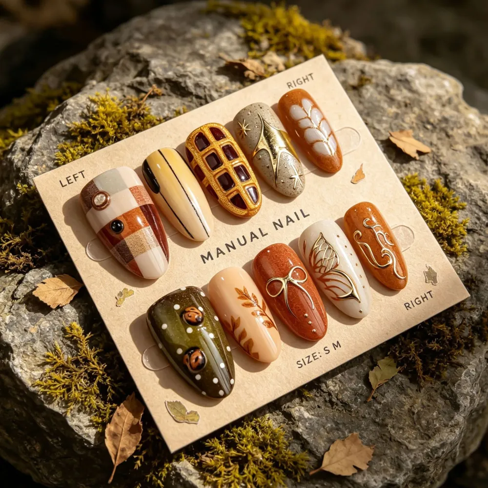 Nailhour 30Pcs Cute Ladybug Medium Almond Gilded Press On Nails