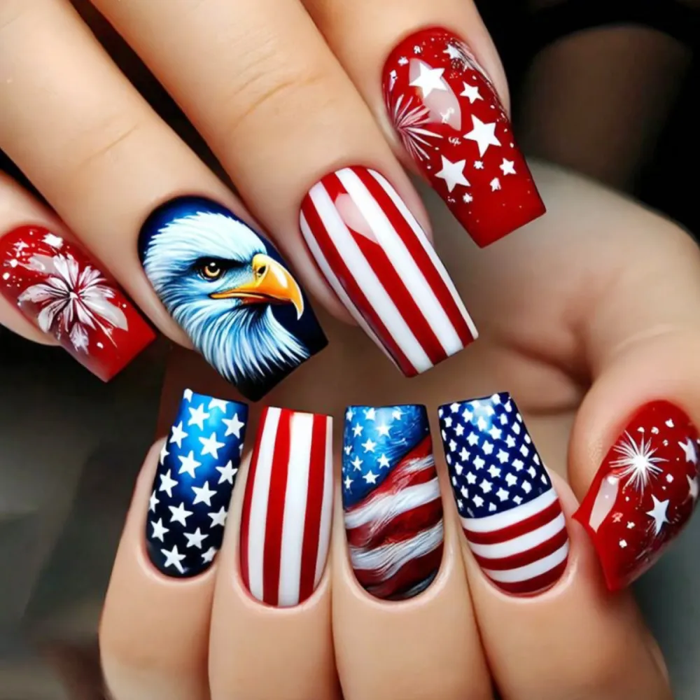Nailhour 24pcs Medium Square Shiny Artificial Nail Tip Red White Blue Nail Art