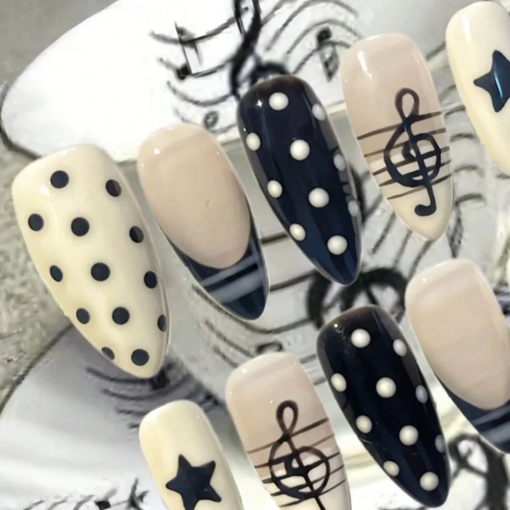 Nailhour 10Pcs Handmade Almond French Polka Dot With Music Note Press On Nails