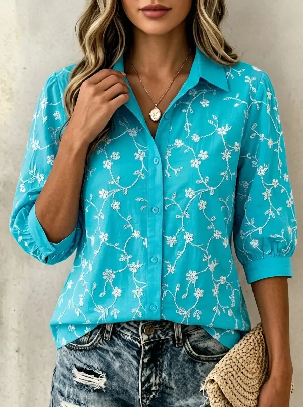 Women's Breast Cancer Awareness Floral Embroidered Printed Shirt