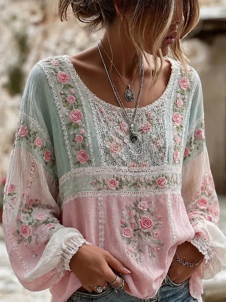 Women's Floral Printed Casual Cotton And Linen Top