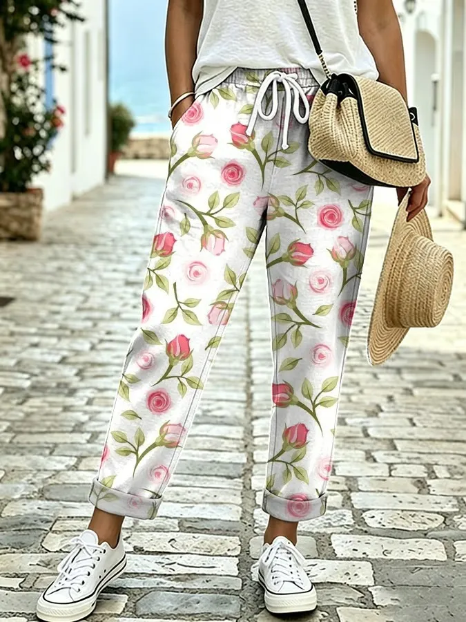 Women's Retro Botanical Floral Art Print Design Casual Pants