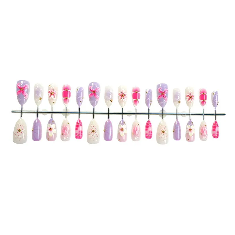 Nailhour 30Pcs Colorful Floral 3D Medium Almond French Press On Nails