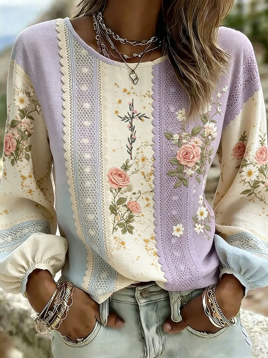 Women'S Casual Floral  Faith Print Cotton Linen Top
