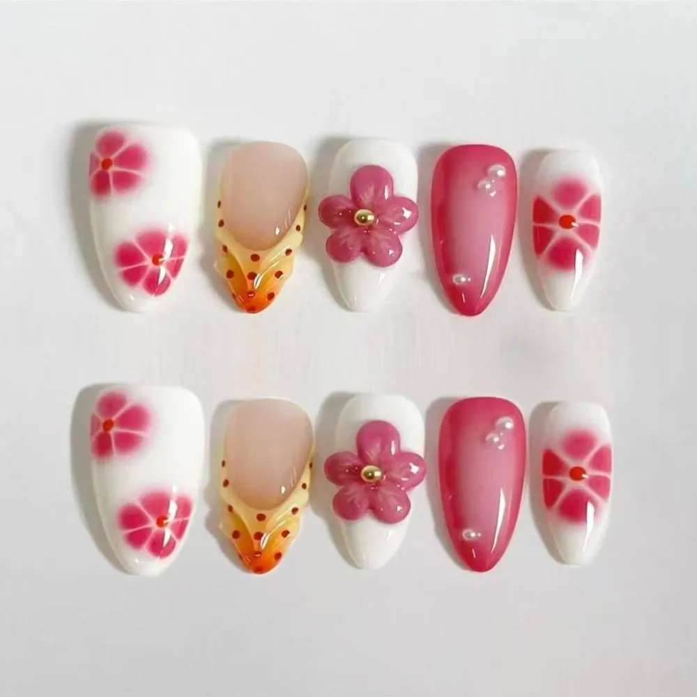 Nailhour 30Pcs Rose Red Floral 3D Medium Almond French Press On Nails