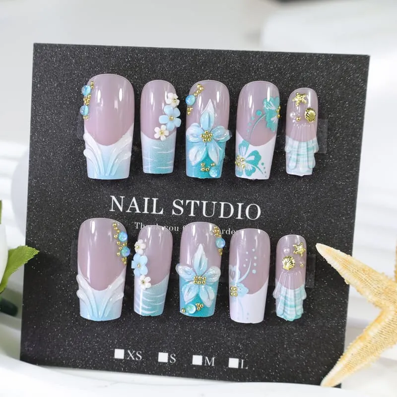 Nailhour 24Pcs Shell Floral 3D Medium Square French Press On Nails