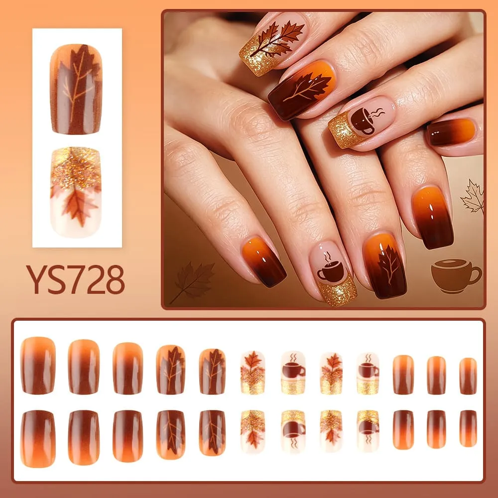 Nailhour 24Pcs Floral Autumn Glitter Medium Square Press On Nails