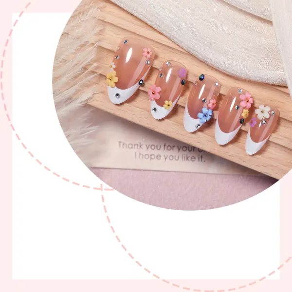 Nailhour 30Pcs French Floral Medium Almond Press On Nails