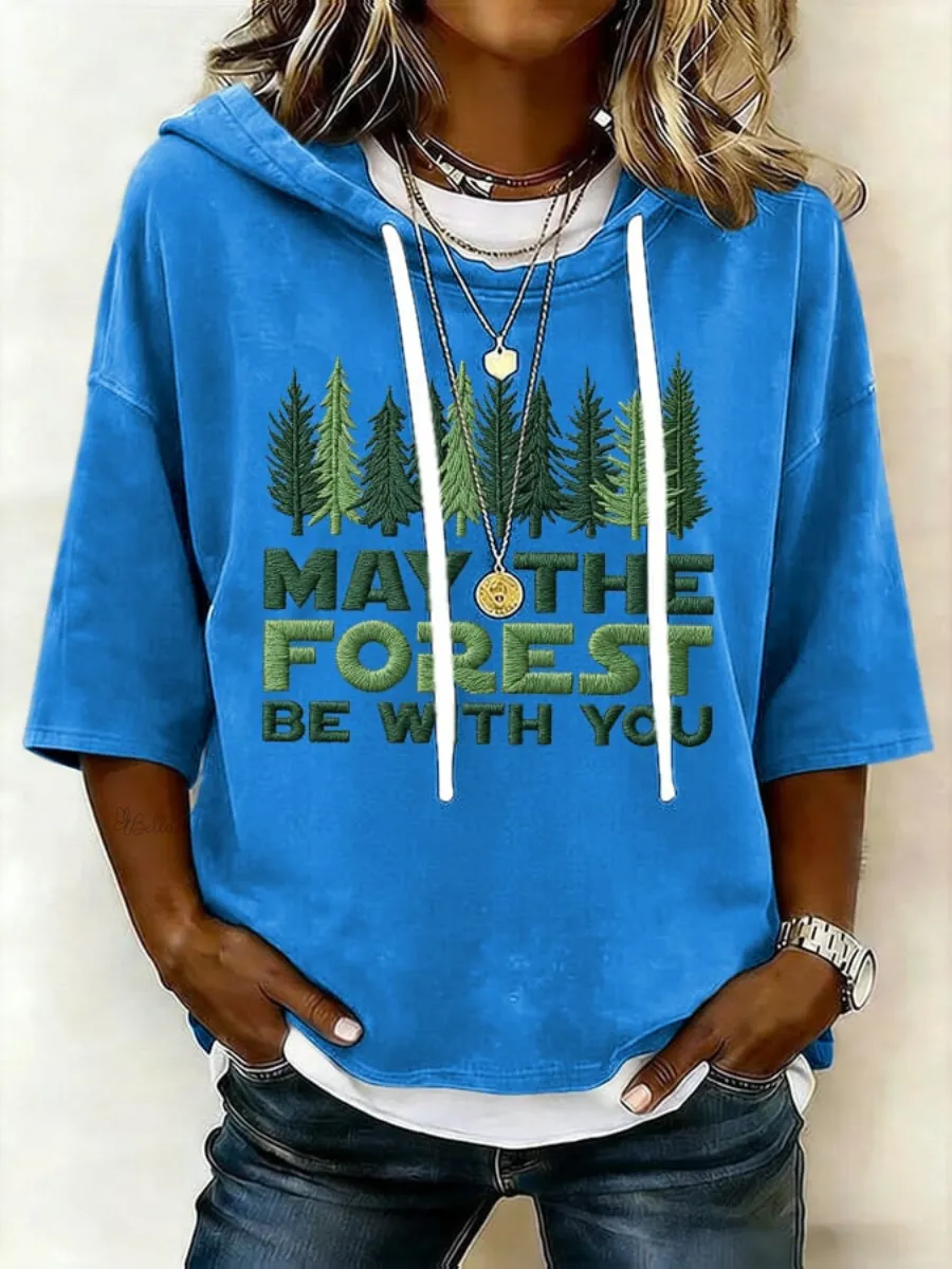 Women's Retro May The Forest Be With You Print Short-Sleeve Hoodie