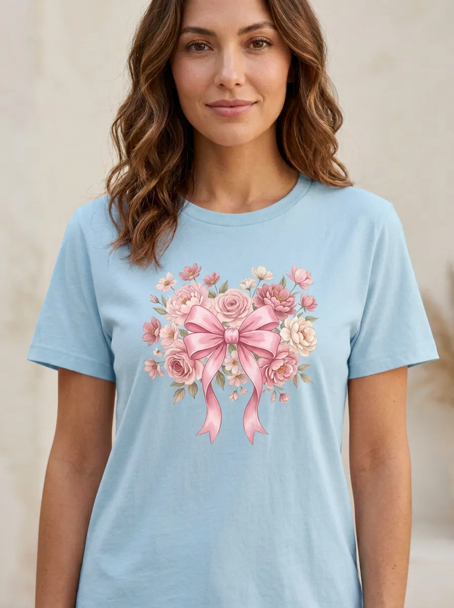 Women's Breast Cancer Awareness Floral Bow Printed T-shirt